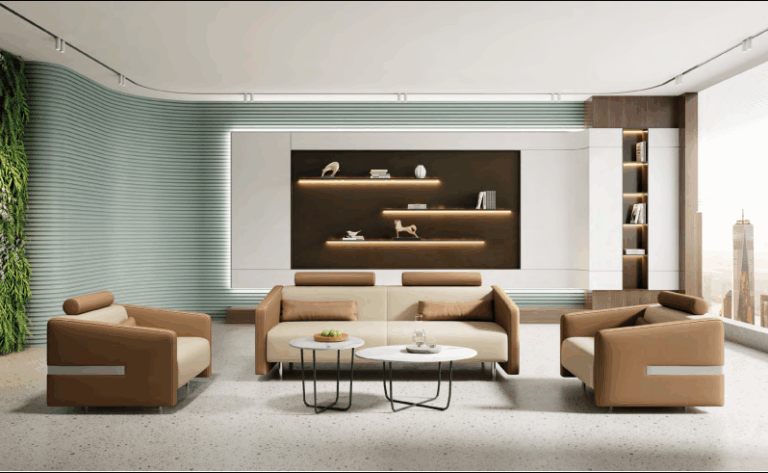 B2B procurement professional reviewing furniture specifications