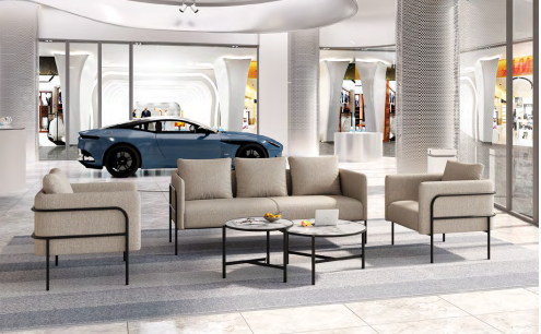B2B procurement professional reviewing furniture specifications