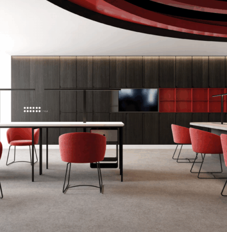 B2B office furniture warehouse with bulk boardroom tables ready for shipping
