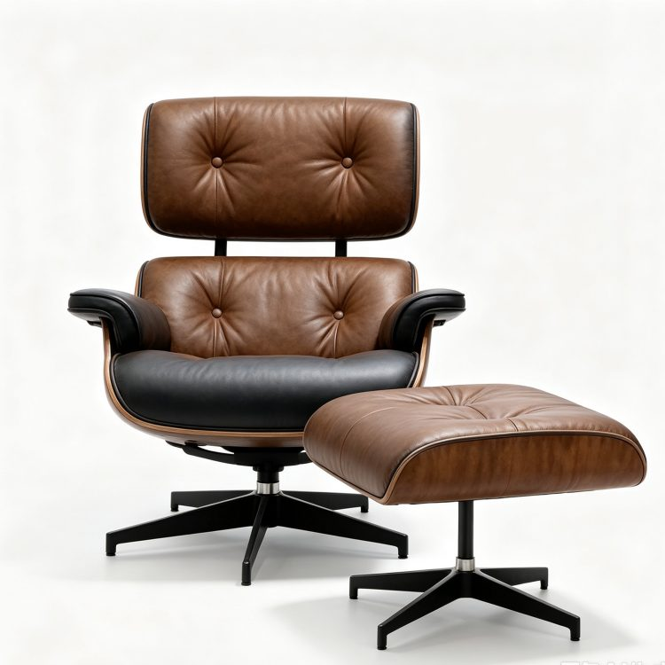 Mid Century Modern Genuine Leather Lounge Chair with Ottoman Rosewood Recliner Chair Aluminum Base for Living Room