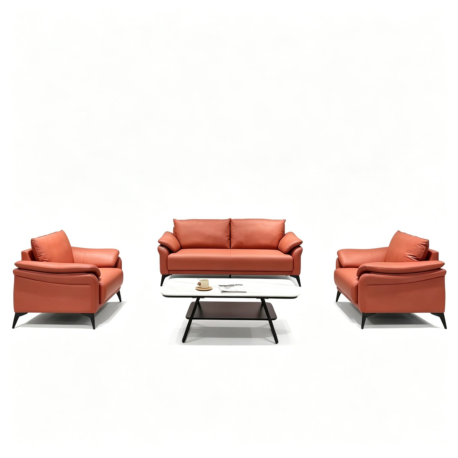 Modern Office Reception Sofa in Red Cat-Scratch Leather, High-Density Foam & Solid Wood Frame