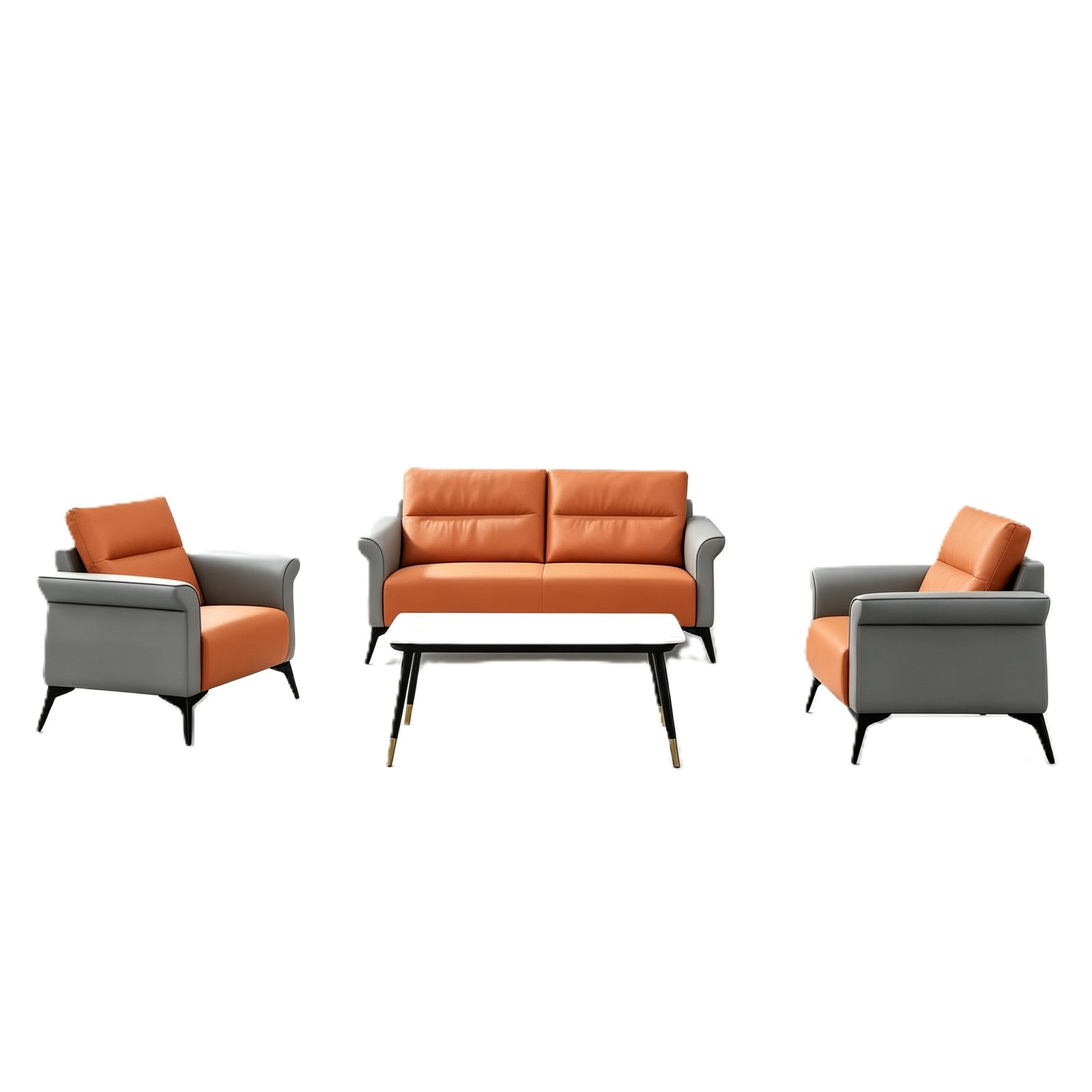 Compact Office Sofa in Napa Leather, Orange and Gray, Solid Wood Frame, Space-Saving Size