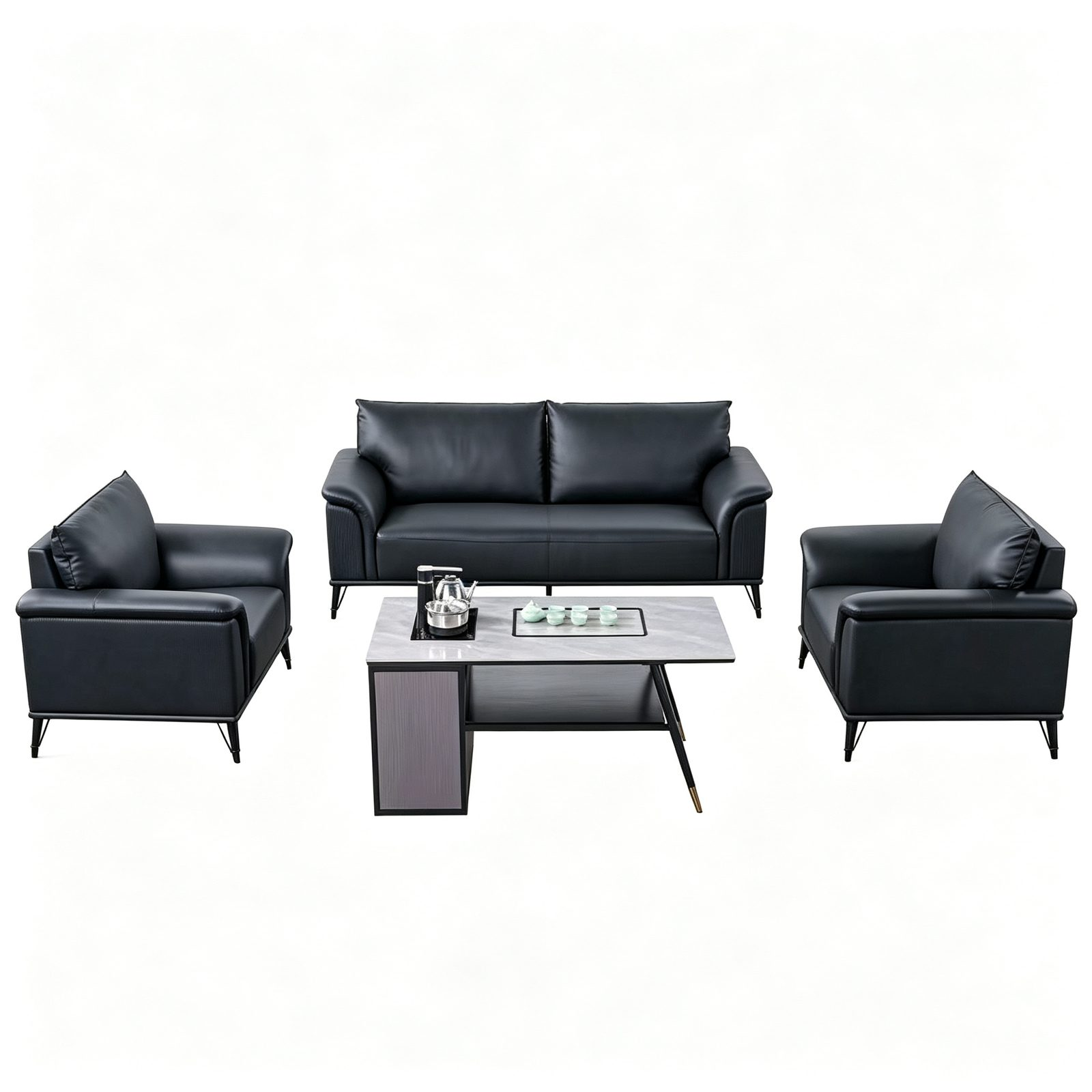 Executive Office Sofa in Black Top-Grain Cowhide Leather, Solid Pine Frame & Alloy Legs