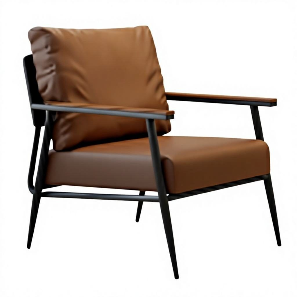 Leisure Chair with Leather Upholstery, Natural Wood Armrests & Density Foam, Sandblasted Iron Legs