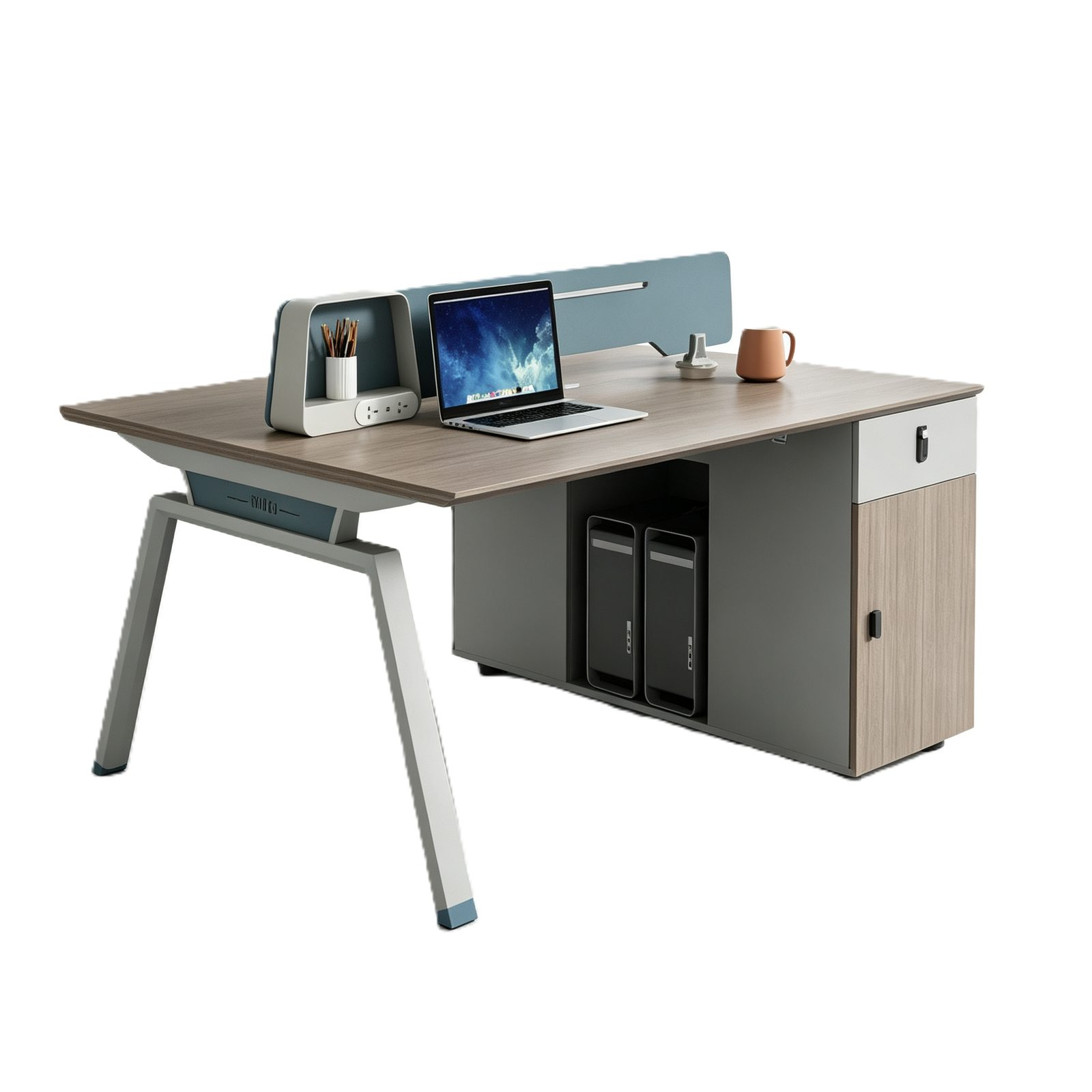 2-Seater Office Desk with Beveled Edge, E1 Eco Board, Steel Legs & Combination Lock, Modern Workstation