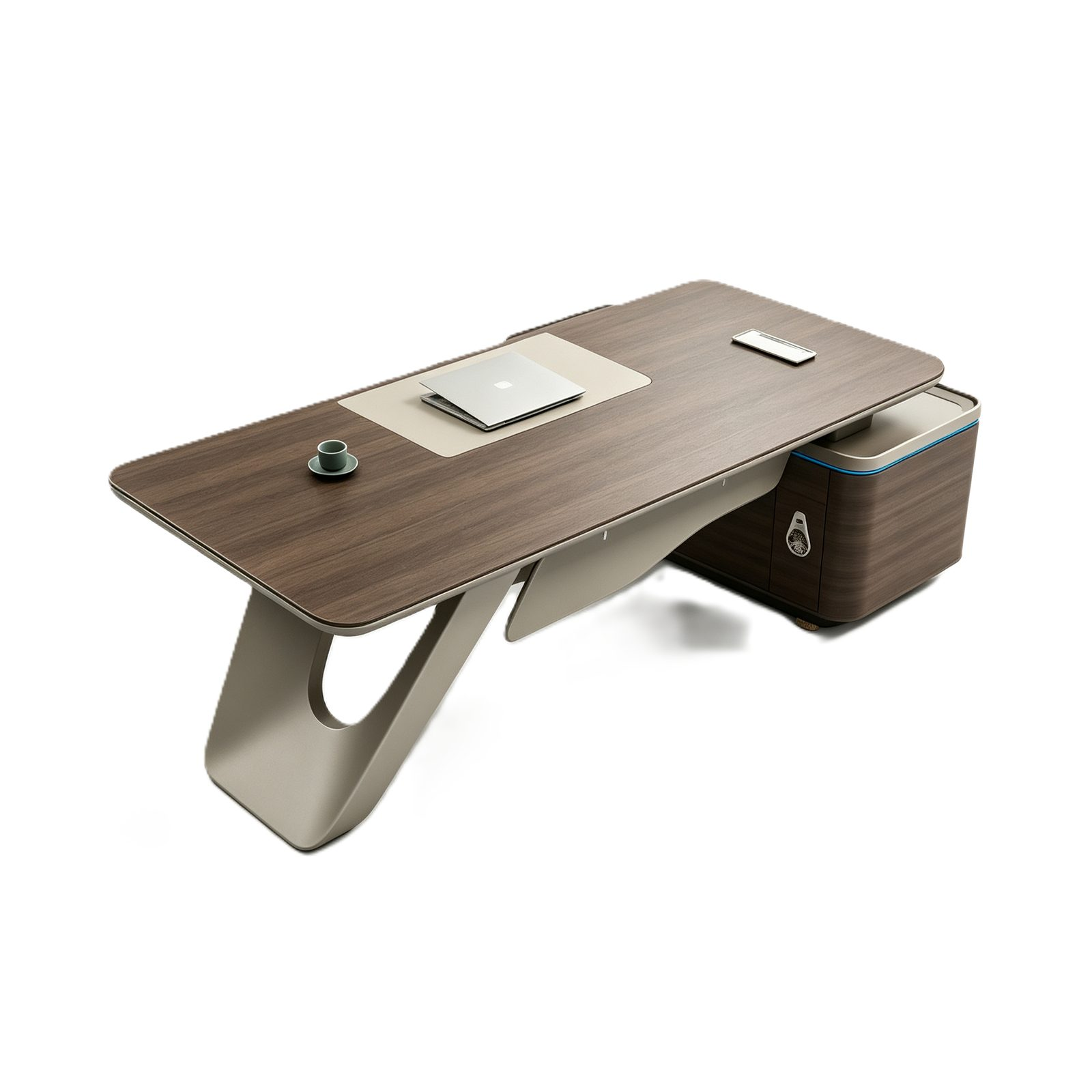 Executive Office Desk with Saddle Leather Front Panel, E1 Eco Board, Steel Legs & Ambient Light Side Cabinet