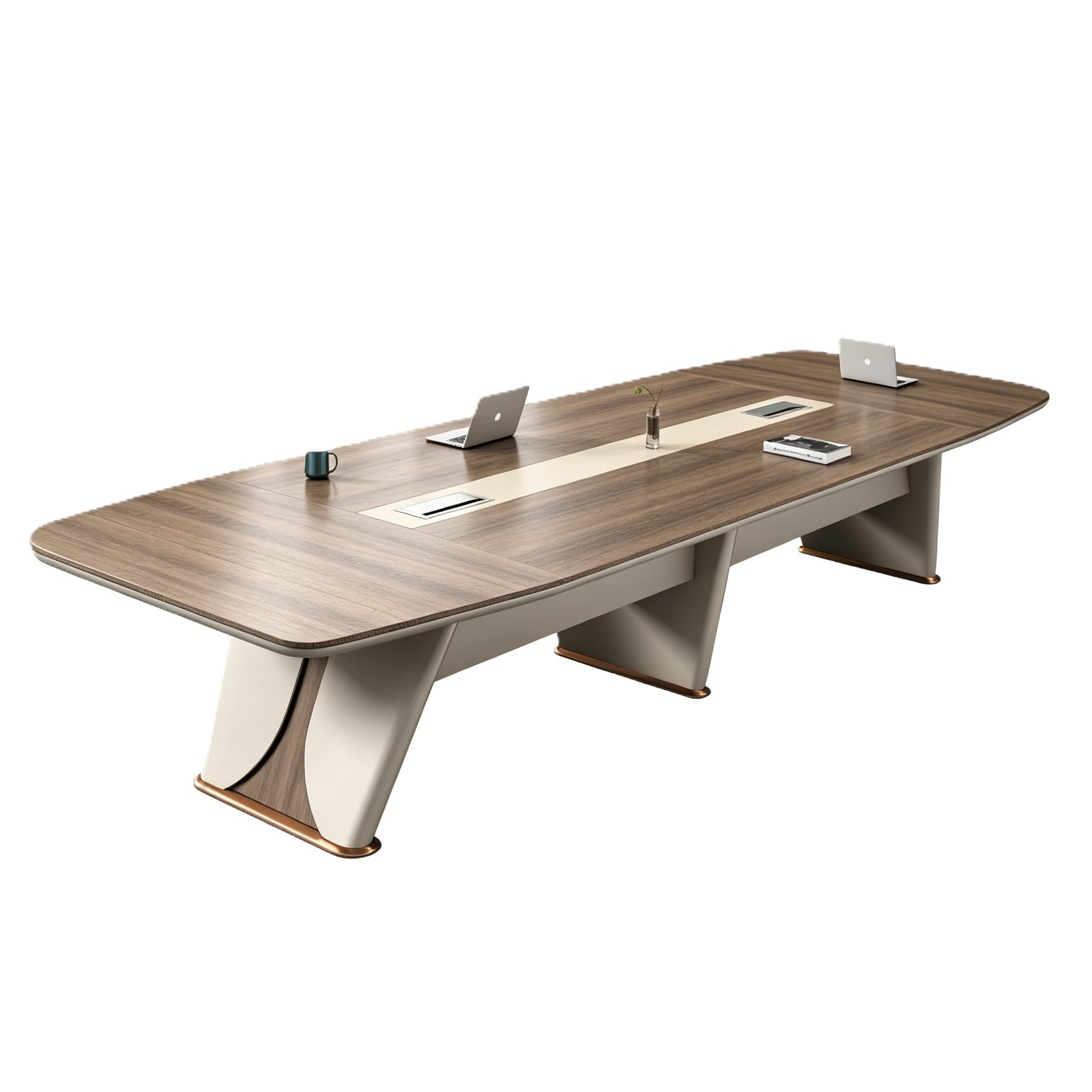 Modern Conference Table with Multi-Function Charging Outlet Station, Beveled Edges, E1 Eco Board & Powder-Coated Steel Legs