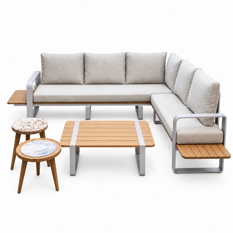 Commercial Grade Modern Teak Wood Garden Corner Sofa Set with Aluminum Frame Waterproof & UV/Weather Resistant Outdoor Furniture