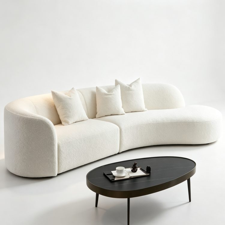 Curved White Lambskin Sofa Cream Wabi-sabi Style Tufted Modular Reclining Combination Sofa for Home Hotel Villa