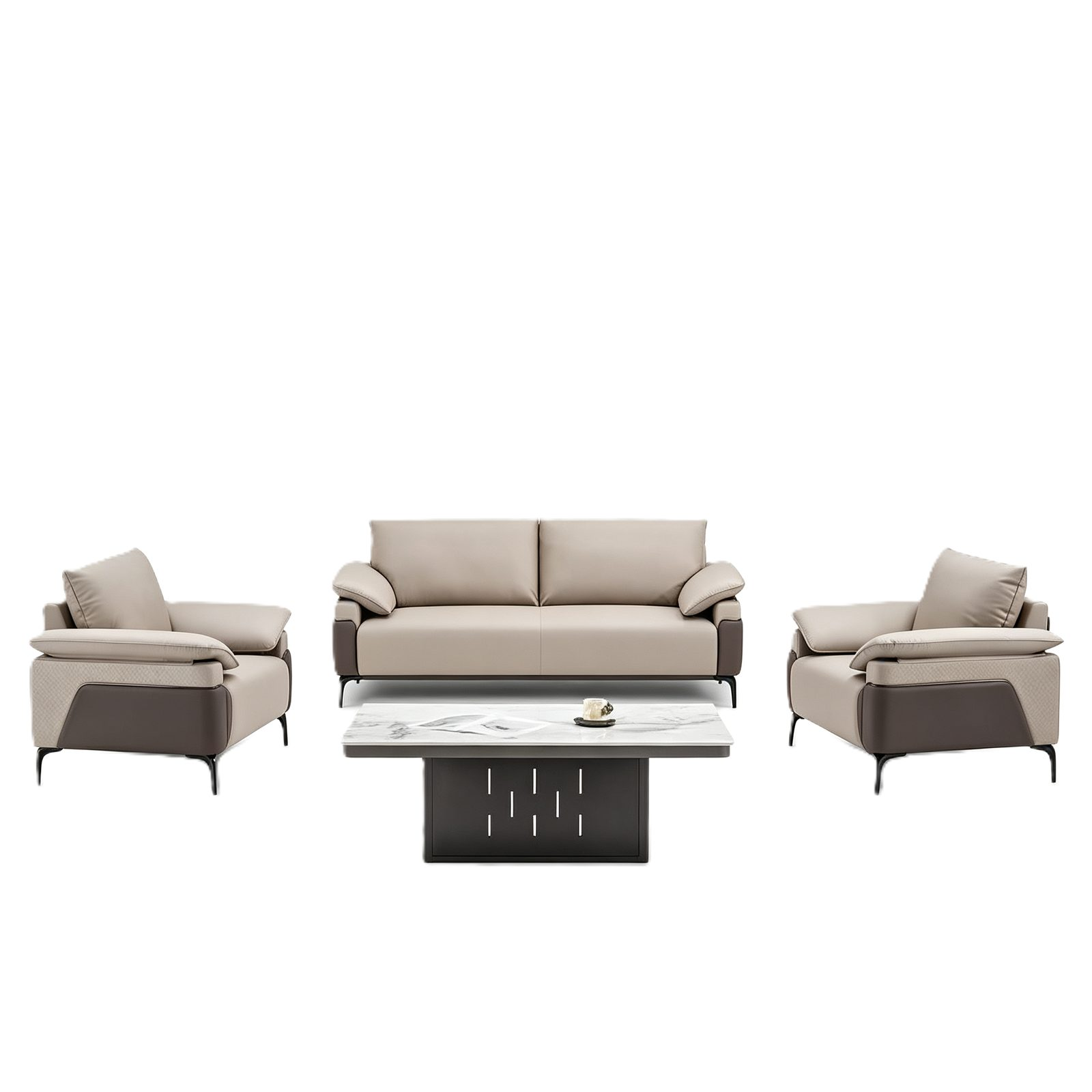 Office Waiting Sofa in Beige and Coffee PU Leather, PVC Armrest Trim & Solid Wood Frame