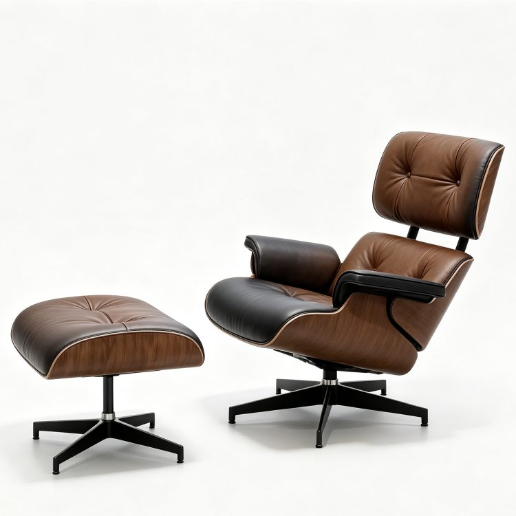 Mid Century Modern Genuine Leather Lounge Chair with Ottoman Rosewood Recliner Chair Aluminum Base for Living Room