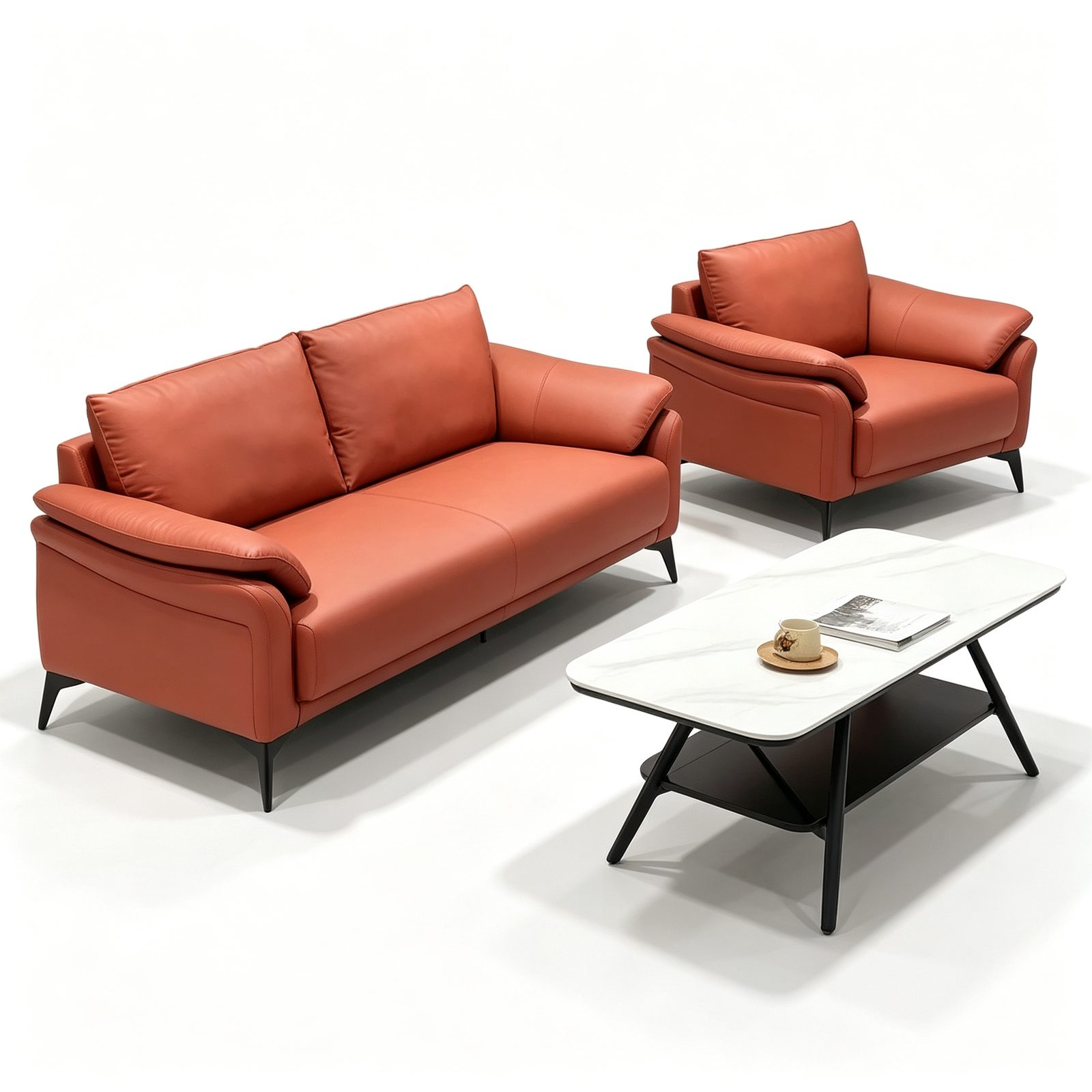 Modern Office Reception Sofa in Red Cat-Scratch Leather, High-Density Foam & Solid Wood Frame