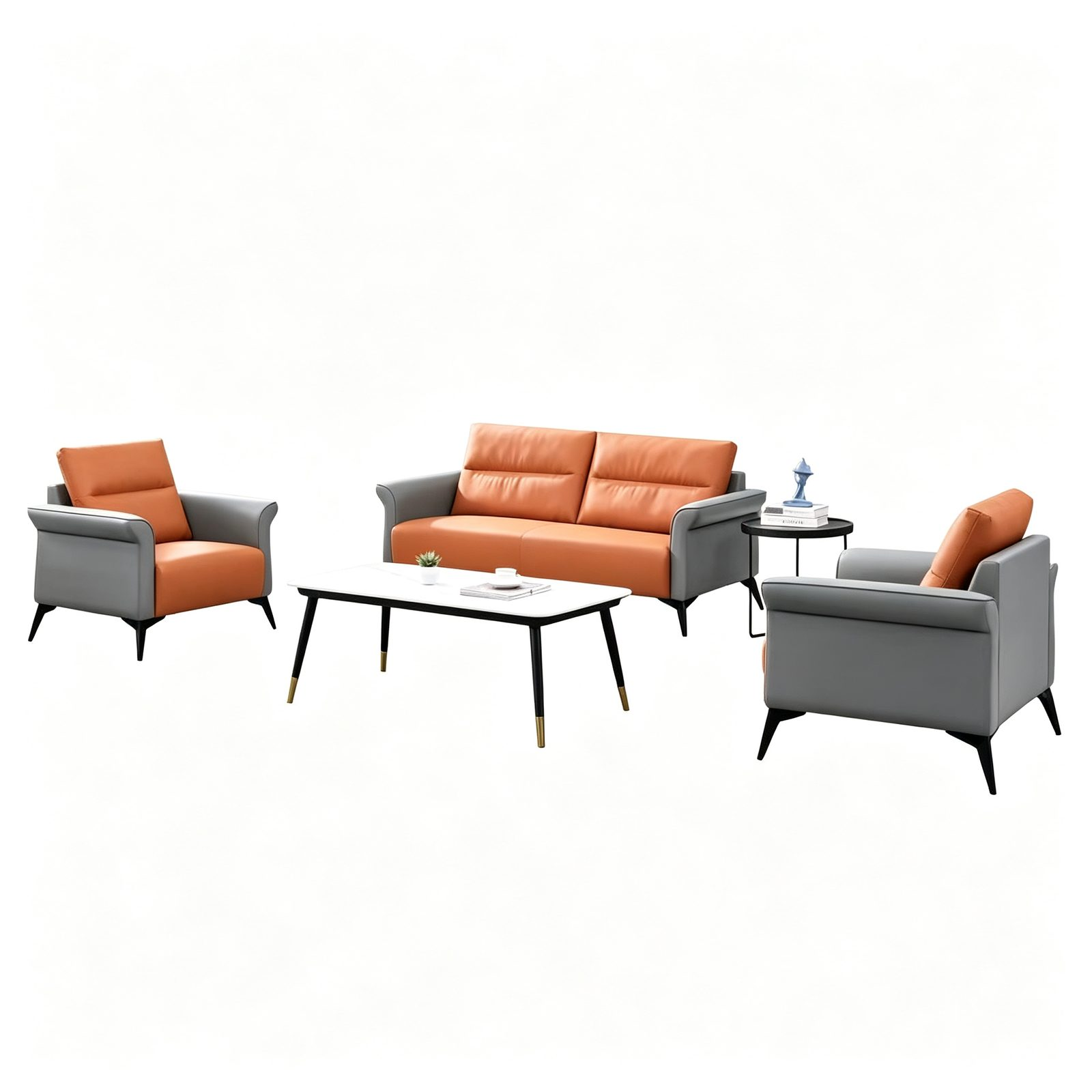 Compact Office Sofa in Napa Leather, Orange and Gray, Solid Wood Frame, Space-Saving Size