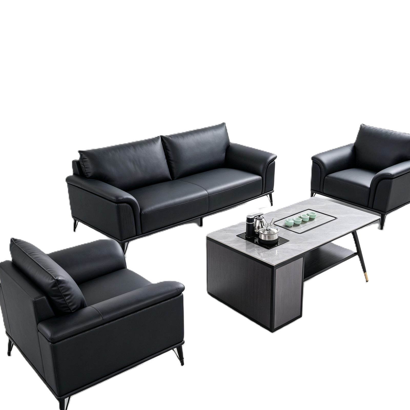 Executive Office Sofa in Black Top-Grain Cowhide Leather, Solid Pine Frame & Alloy Legs