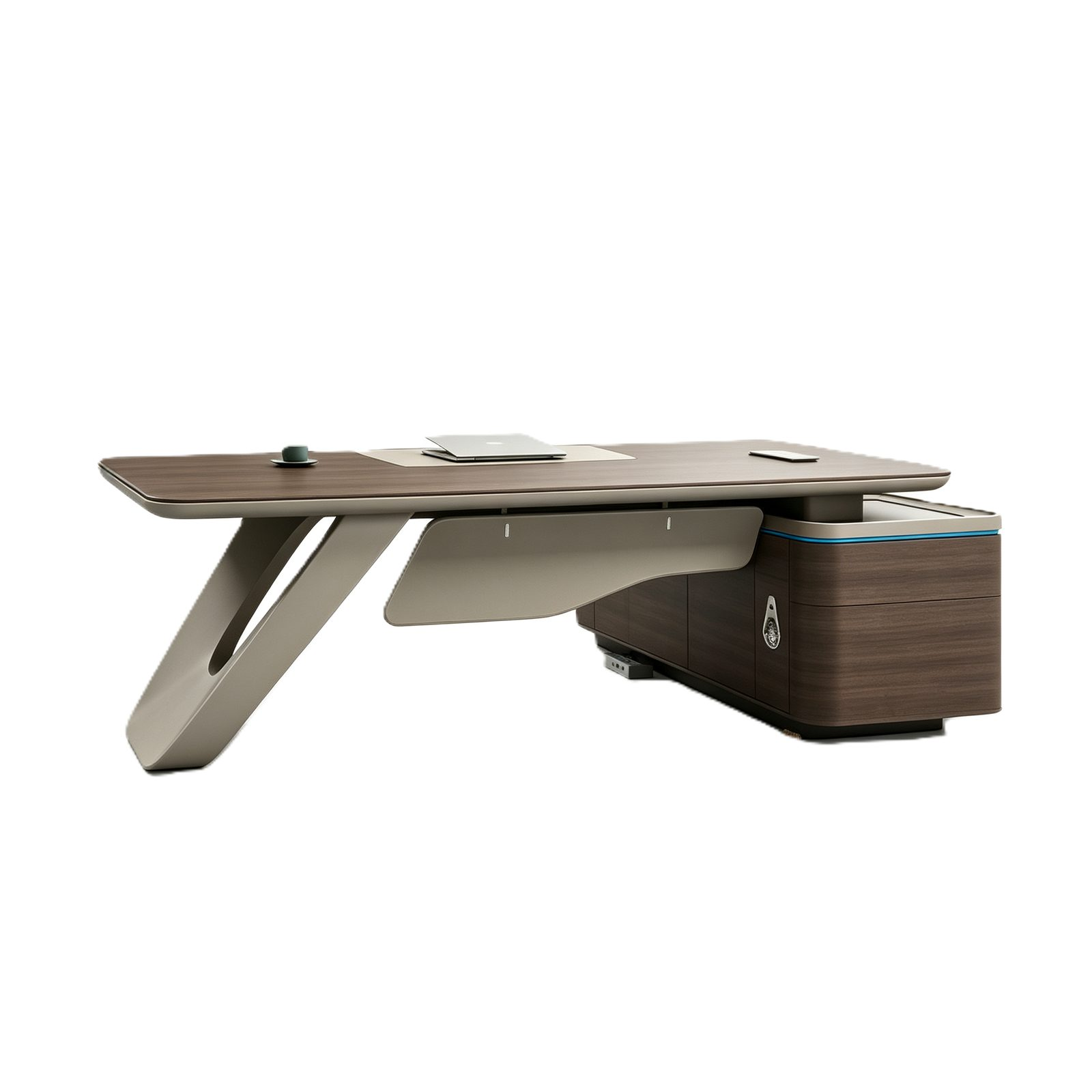 Executive Office Desk with Saddle Leather Front Panel, E1 Eco Board, Steel Legs & Ambient Light Side Cabinet