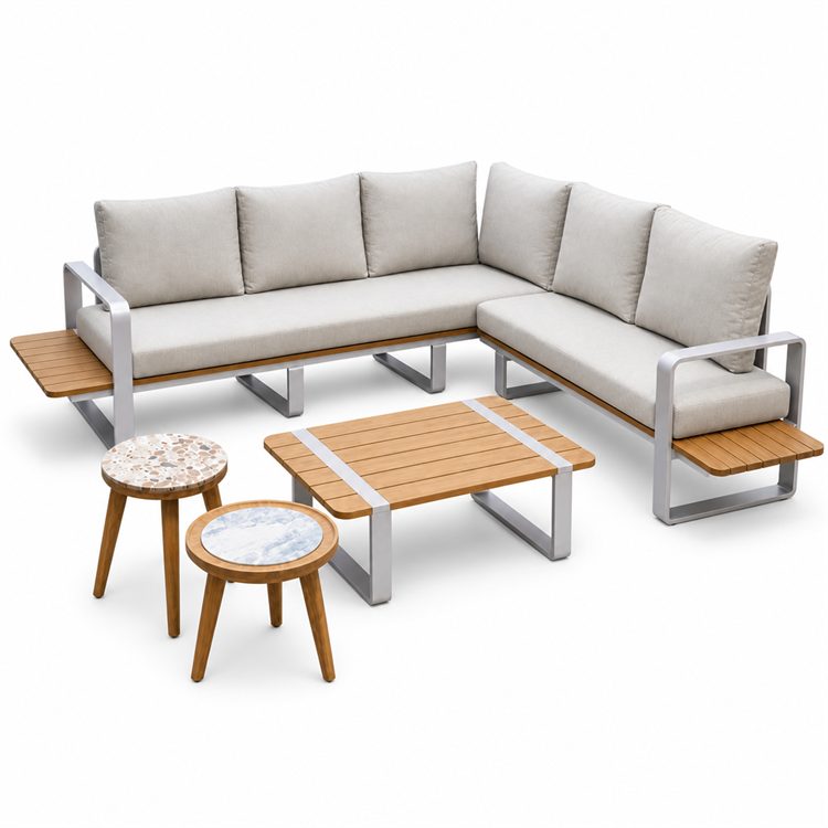 Commercial Grade Modern Teak Wood Garden Corner Sofa Set with Aluminum Frame Waterproof & UV/Weather Resistant Outdoor Furniture