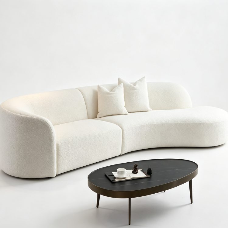 Curved White Lambskin Sofa Cream Wabi-sabi Style Tufted Modular Reclining Combination Sofa for Home Hotel Villa