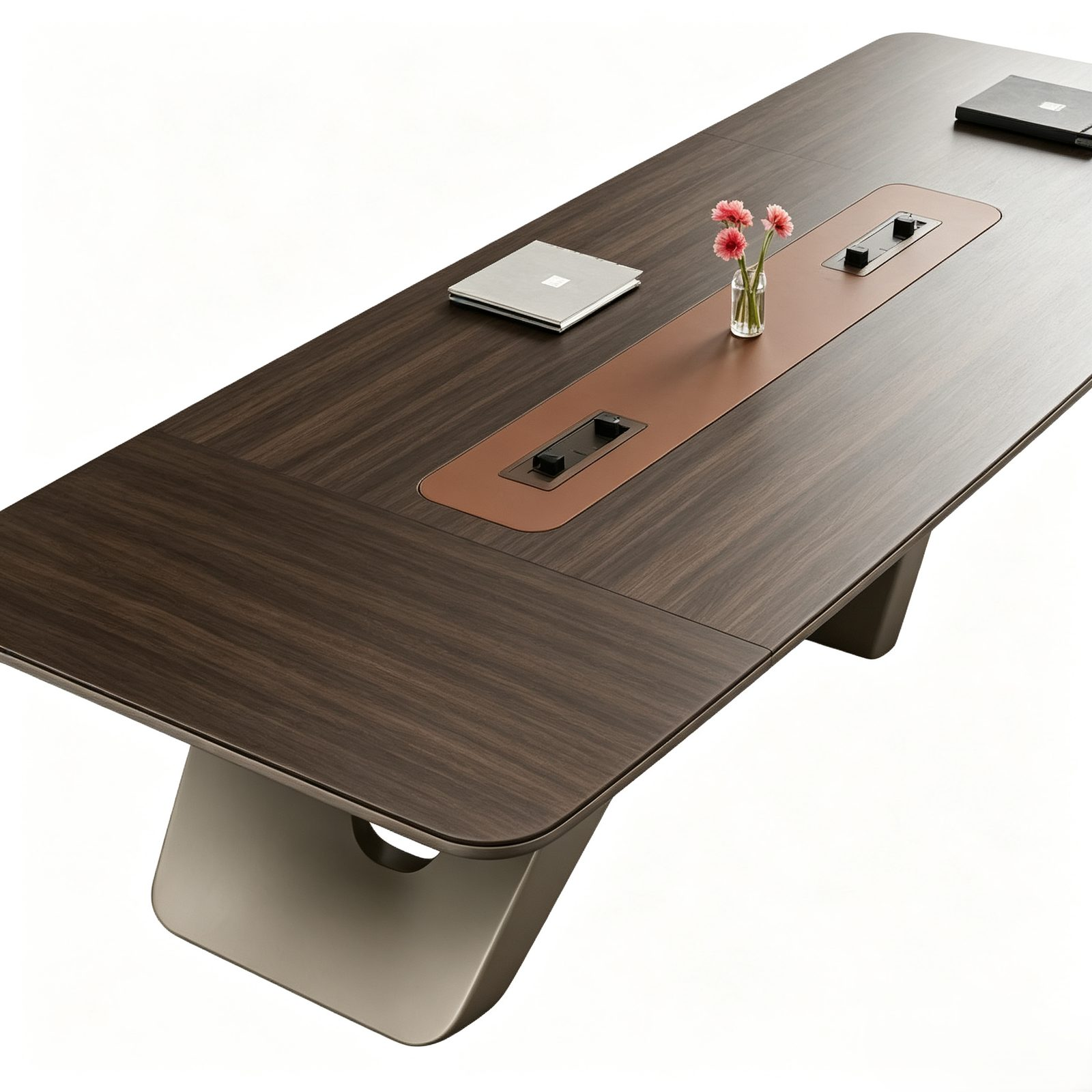 Large Conference Table with Fixed Track Power Outlets, Custom-Shaped Wood Panel, E1 Eco Board & Baked-Paint Steel Legs
