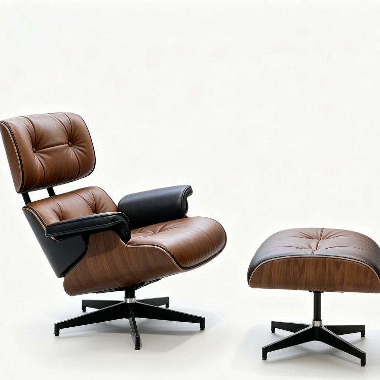 Mid Century Modern Genuine Leather Lounge Chair with Ottoman Rosewood Recliner Chair Aluminum Base for Living Room