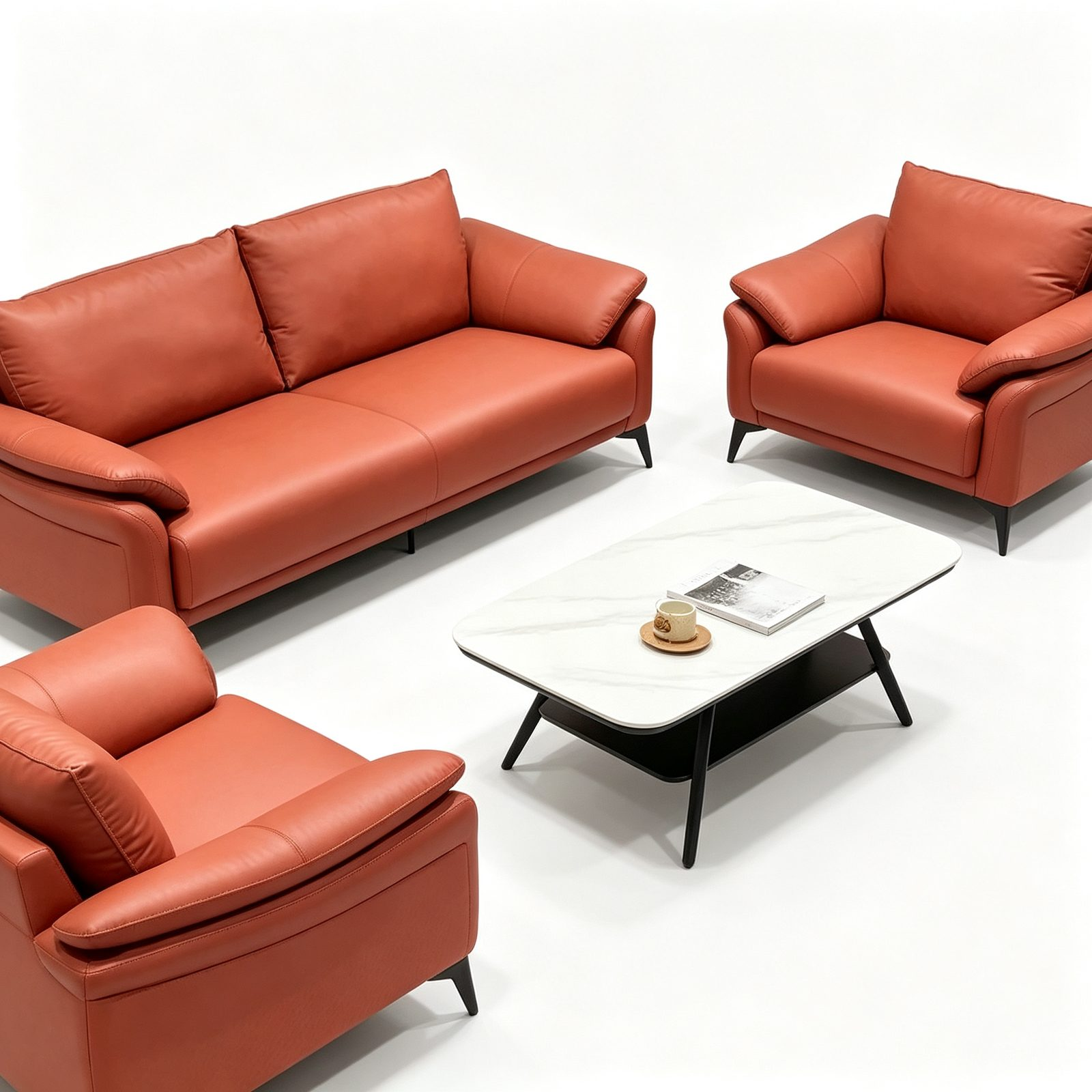 Modern Office Reception Sofa in Red Cat-Scratch Leather, High-Density Foam & Solid Wood Frame