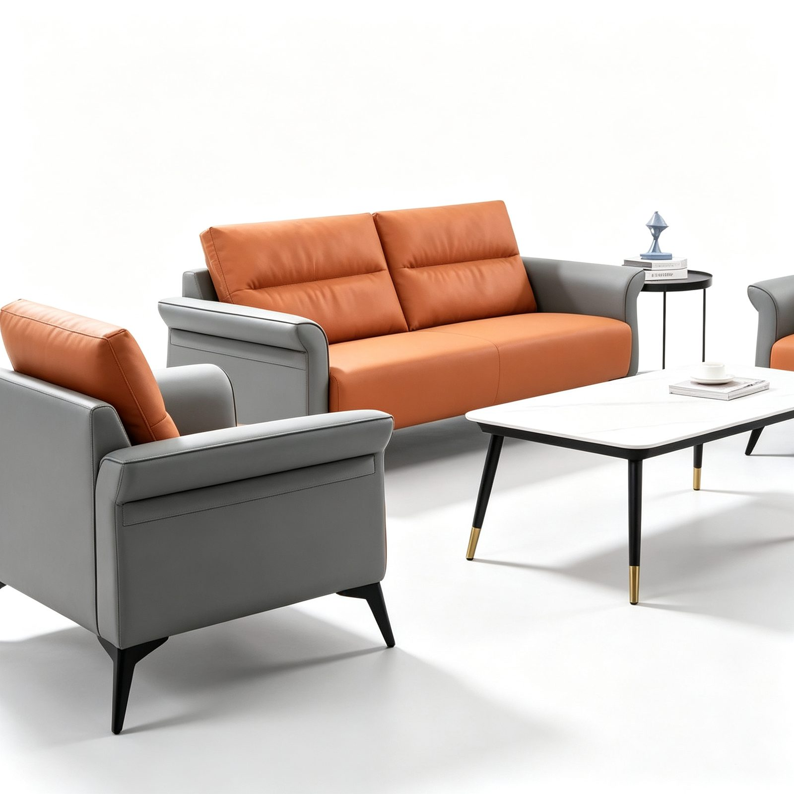 Compact Office Sofa in Napa Leather, Orange and Gray, Solid Wood Frame, Space-Saving Size