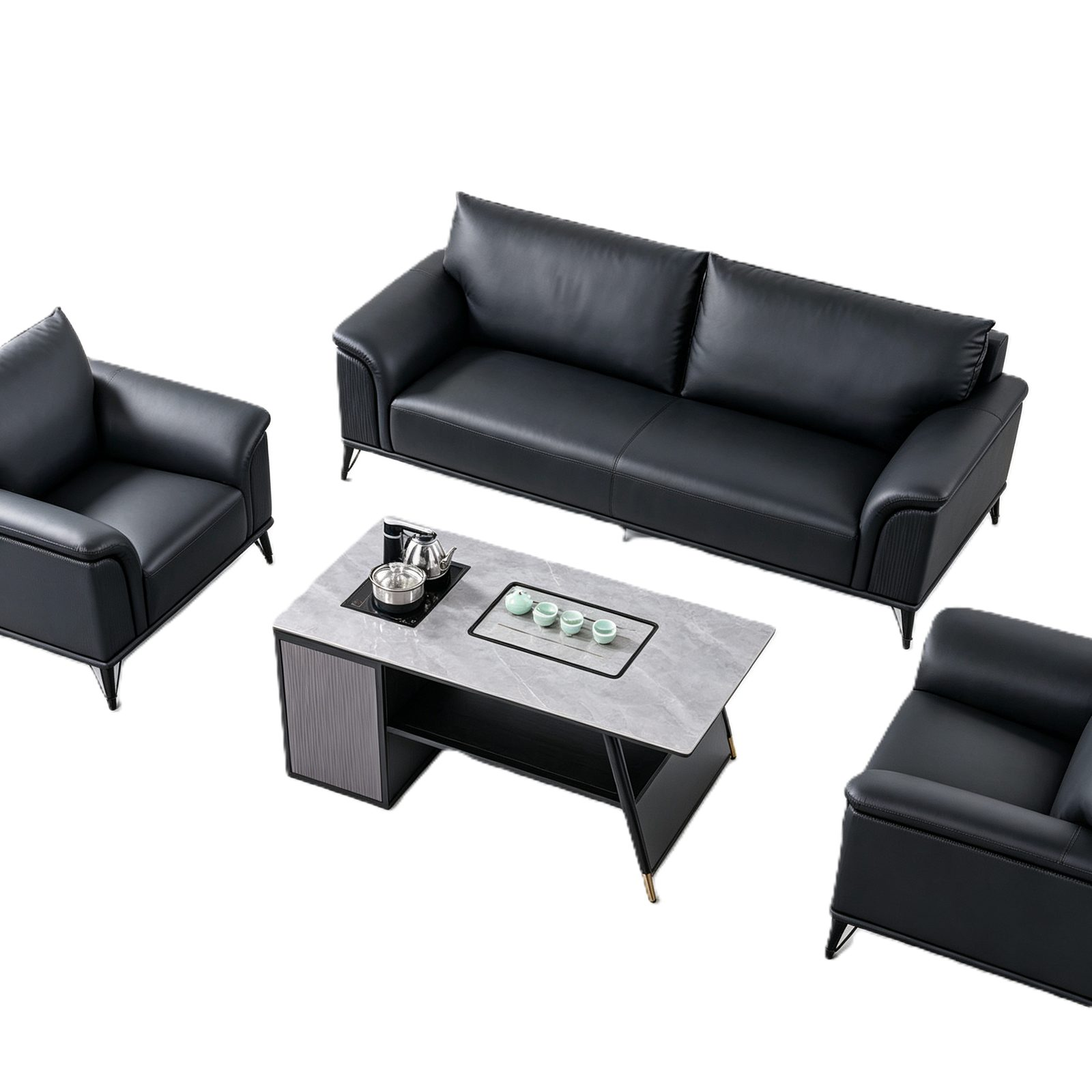 Executive Office Sofa in Black Top-Grain Cowhide Leather, Solid Pine Frame & Alloy Legs