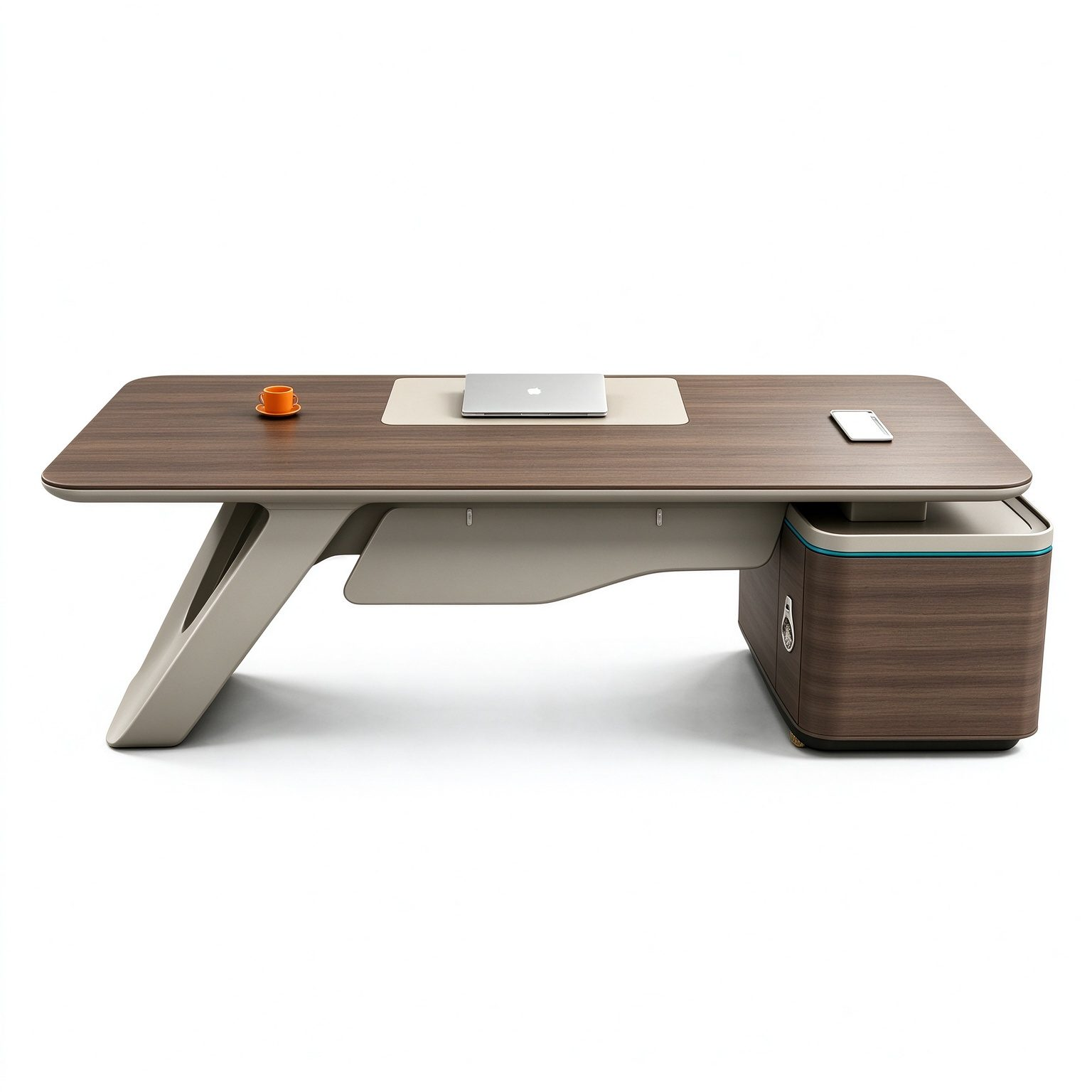 Executive Office Desk with Saddle Leather Front Panel, E1 Eco Board, Steel Legs & Ambient Light Side Cabinet