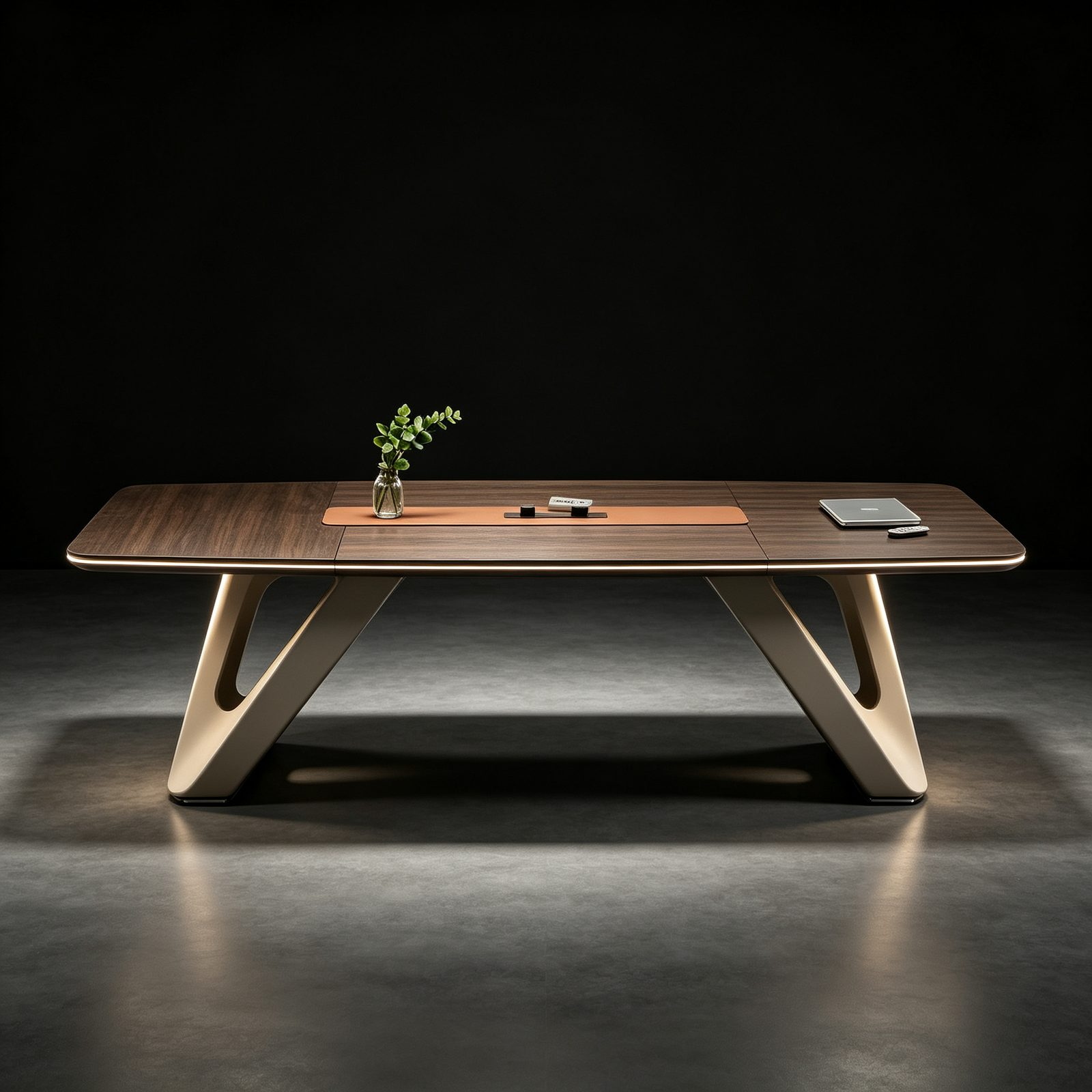 Large Conference Table with Fixed Track Power Outlets, Custom-Shaped Wood Panel, E1 Eco Board & Baked-Paint Steel Legs